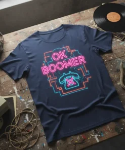 OK BOOMER text with a neon retro phone graphic on a navy blue t-shirt