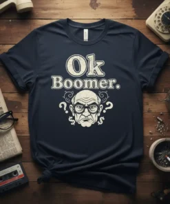 Ok Boomer. text with a grumpy older man's face graphic on a navy t-shirt