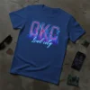 OKC Loud city text with neon glow and city skyline graphic on a blue t-shirt