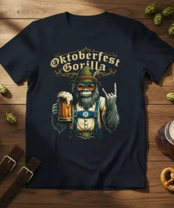 Oktoberfest Gorilla T-Shirt featuring a gorilla in traditional Bavarian attire holding a beer and giving a rock-on hand gesture