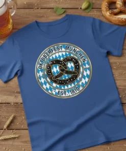 Oktoberfest München Est 1810 t-shirt featuring a pretzel graphic and Bavarian diamond pattern