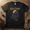 Old Crow t-shirt design with a black crow perched on a branch under a full moon and constellations