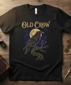 Old Crow t-shirt design with a black crow perched on a branch under a full moon and constellations