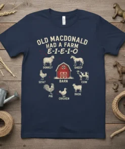 Old Macdonald Had A Farm E-I-E-I-O text with barnyard animals illustration on a navy blue t-shirt