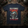 Old Punks Never Die We Just Stand At The Back punk skull graphic tee in navy blue