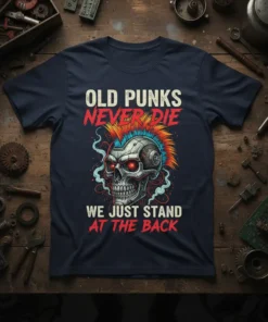 Old Punks Never Die We Just Stand At The Back punk skull graphic tee in navy blue