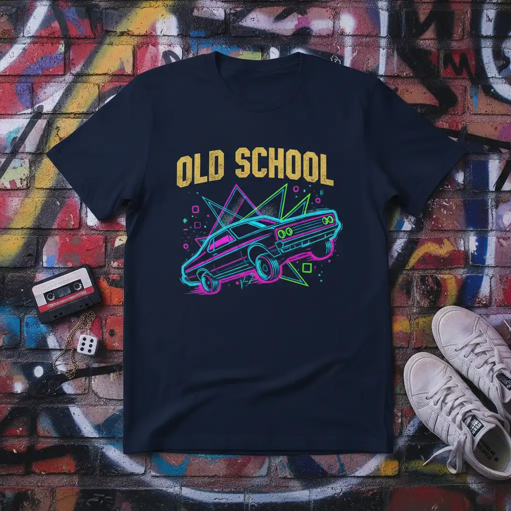 Old School Car Graphic T-Shirt featuring bold text and a neon retro car illustration