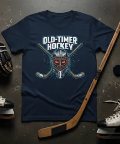 Old-Timer Hockey t-shirt with a vintage goalie mask and crossed hockey sticks graphic
