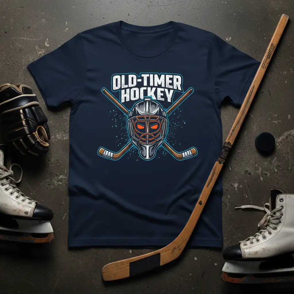 Old-Timer Hockey text and vintage goalie mask graphic on a navy blue t-shirt for hockey fans