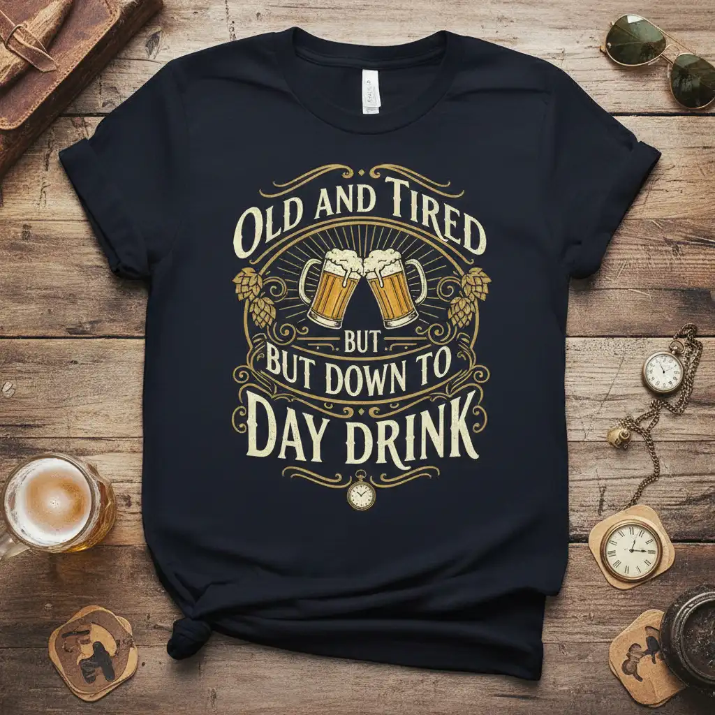 Old and Tired But Down to Day Drink quote tee with beer mugs and hops graphic
