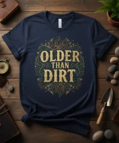 Navy blue t-shirt with "OLDER THAN DIRT" text in distressed gold font, surrounded by ornate green and brown circular design