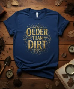 Older Than Dirt text design with vintage tree roots graphic on a navy blue t-shirt