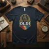 OLDI vintage design t-shirt featuring a silhouette of an elderly woman with a cane and decorative gold frame