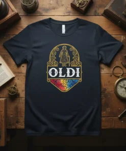 OLDI vintage design t-shirt featuring a silhouette of an elderly woman with a cane and decorative gold frame