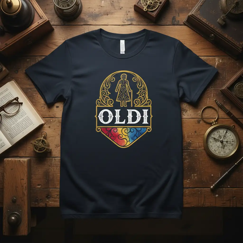 OLDI vintage t-shirt design with elegant gold frame and silhouette of an elderly woman holding a cane
