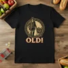 Vintage OLDI t-shirt design featuring an old man with a shopping cart and the word OLDI in distressed lettering
