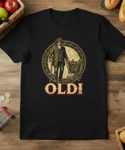 Vintage OLDI t-shirt design featuring an old man with a shopping cart and the word OLDI in distressed lettering