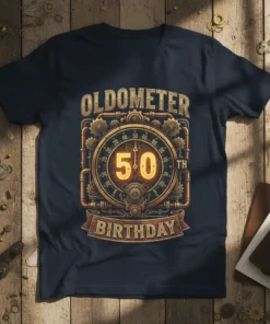 Oldometer 50th Birthday T-Shirt with vintage gauge graphic and text "OLDOMETER 50 TH BIRTHDAY"