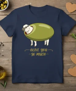 Olive You So Much sheep pun t-shirt design with a sheep inside a large olive and golden script text