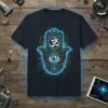 Om Hamsa Hand Eye T-Shirt with intricate blue and gold circuitry, featuring the Om symbol and an all-seeing eye