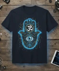 Om Hamsa Hand Eye T-Shirt with intricate blue and gold circuitry, featuring the Om symbol and an all-seeing eye
