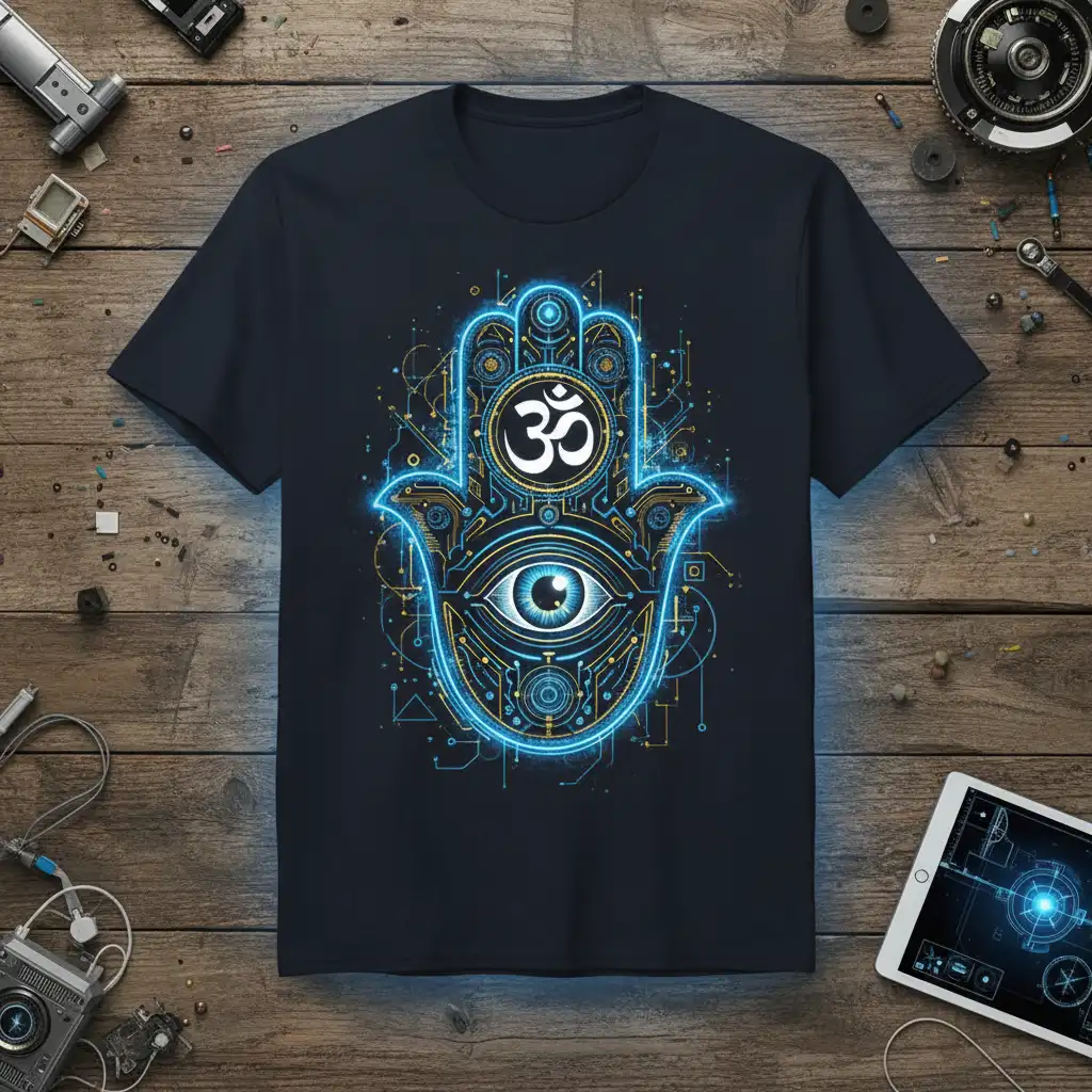 Om Hamsa Hand Eye T-Shirt design showcasing the Om symbol and all-seeing eye within a detailed Hamsa hand graphic