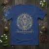 Om Shanti Shanti Shanti T-Shirt with golden Ganesha mandala and lotus flowers, on a navy blue tee