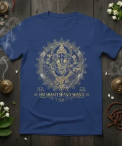 Om Shanti Shanti Shanti T-Shirt with golden Ganesha mandala and lotus flowers, on a navy blue tee