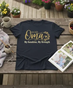 Oma My Sunshine, My Strength quote t-shirt in gold glitter font with floral wreath accent