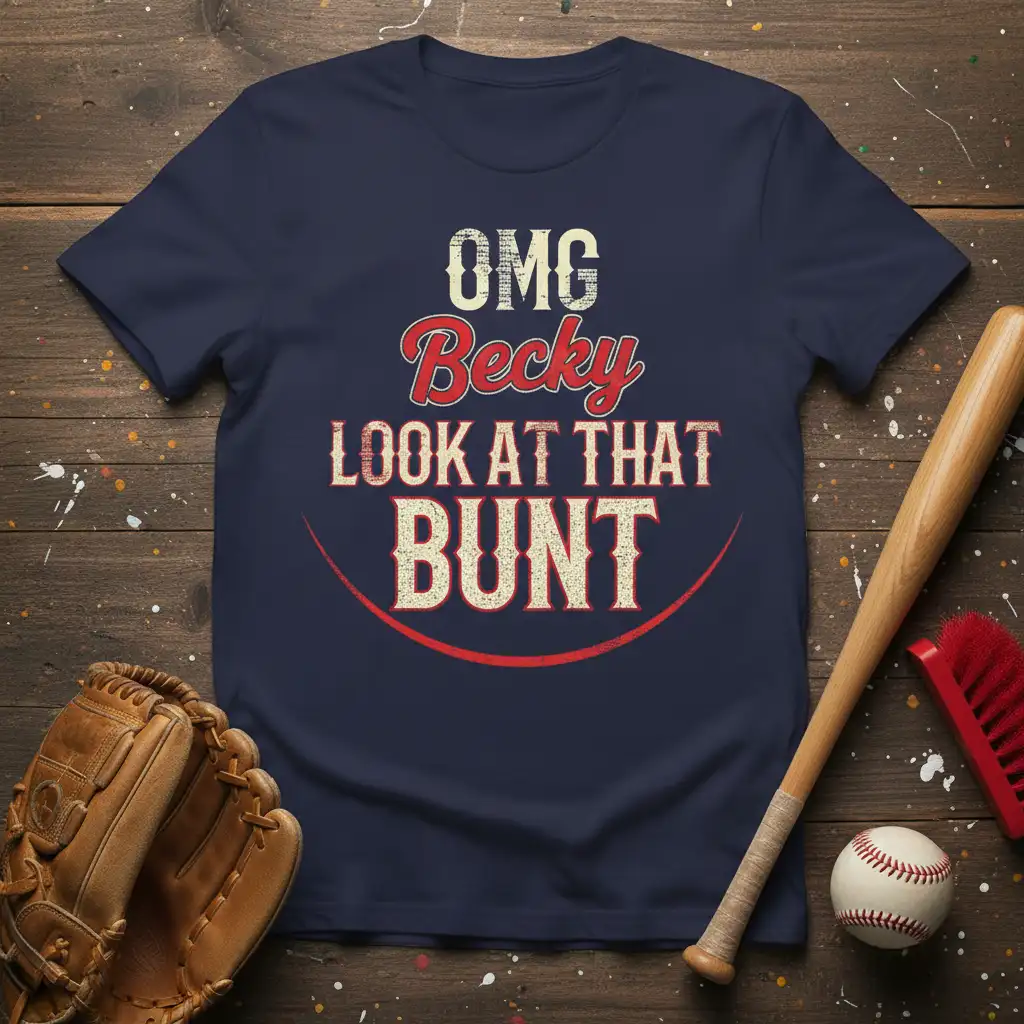 OMG Becky LOOK AT THAT BUNT phrase in bold, distressed typography on a baseball-themed t-shirt