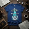 OMG! AN ALIEN! text with a surprised cat being beamed up by a UFO on a blue t-shirt