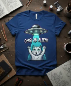 OMG! AN ALIEN! text with a surprised cat being beamed up by a UFO on a blue t-shirt