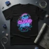 On Cloud Nine neon glow text design with clouds and rainbow on a black t-shirt