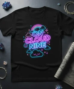 On Cloud Nine neon glow text design with clouds and rainbow on a black t-shirt
