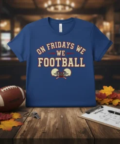 Blue t-shirt with red and cream text "ON FRIDAYS WE FOOTBALL" and vintage football helmets graphic