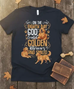 On the Eighth Day God Created Golden Retrievers And Smiled quote t-shirt design with golden retriever graphics