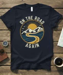 Navy t-shirt with "On The Road Again" text and a circular vintage graphic of mountains, ocean, and a winding road