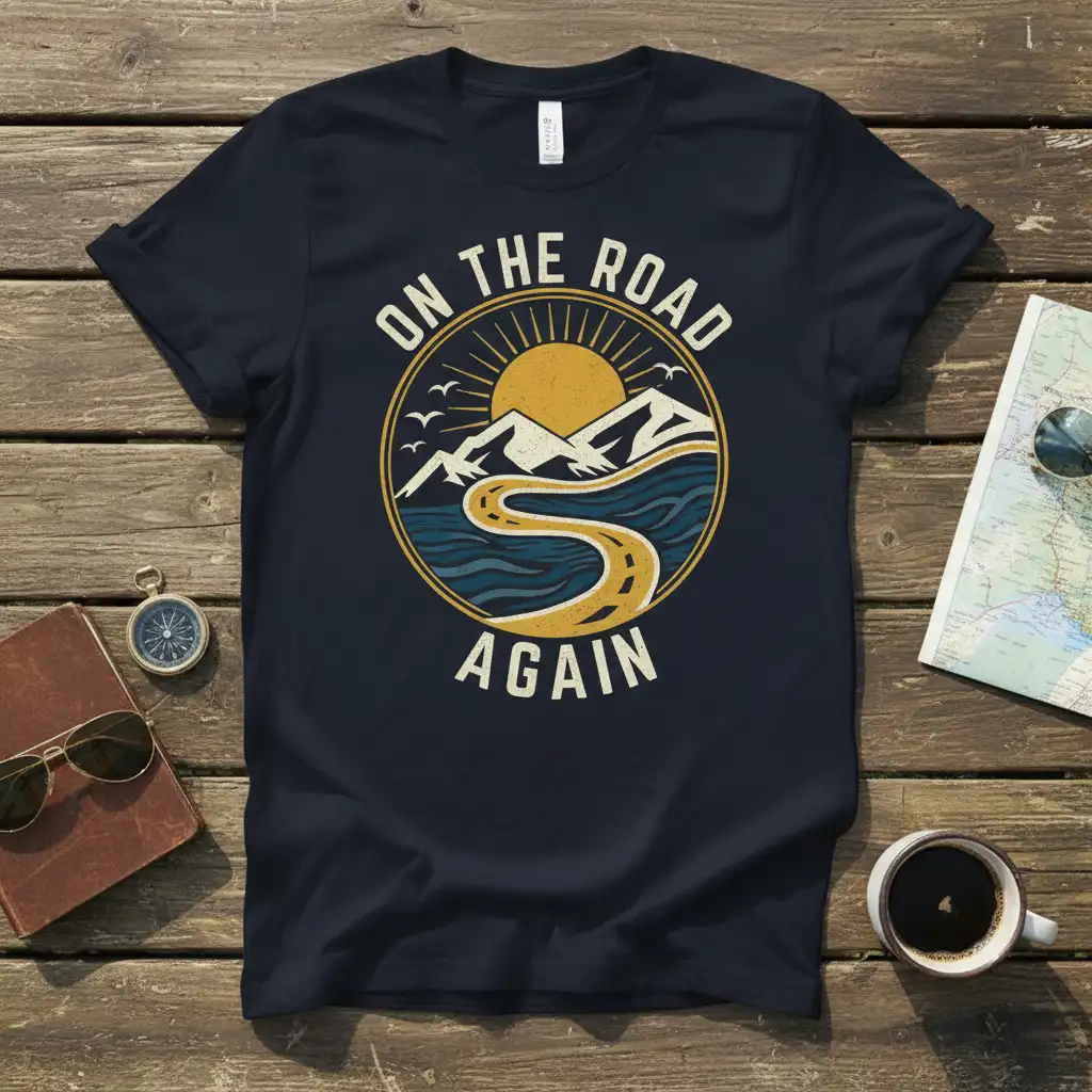 On The Road Again quote with vintage sun, mountains, and ocean graphic on a navy blue t-shirt