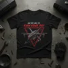 Black t-shirt with red and white text "ON THE WAY TO RUIN YOUR DAY" and a futuristic drone graphic inside