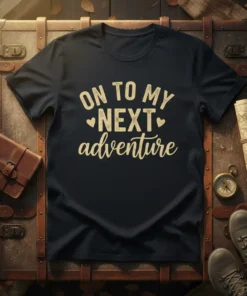 Dark t-shirt with "ON TO MY NEXT adventure" text in a cream vintage font, featuring small heart accents