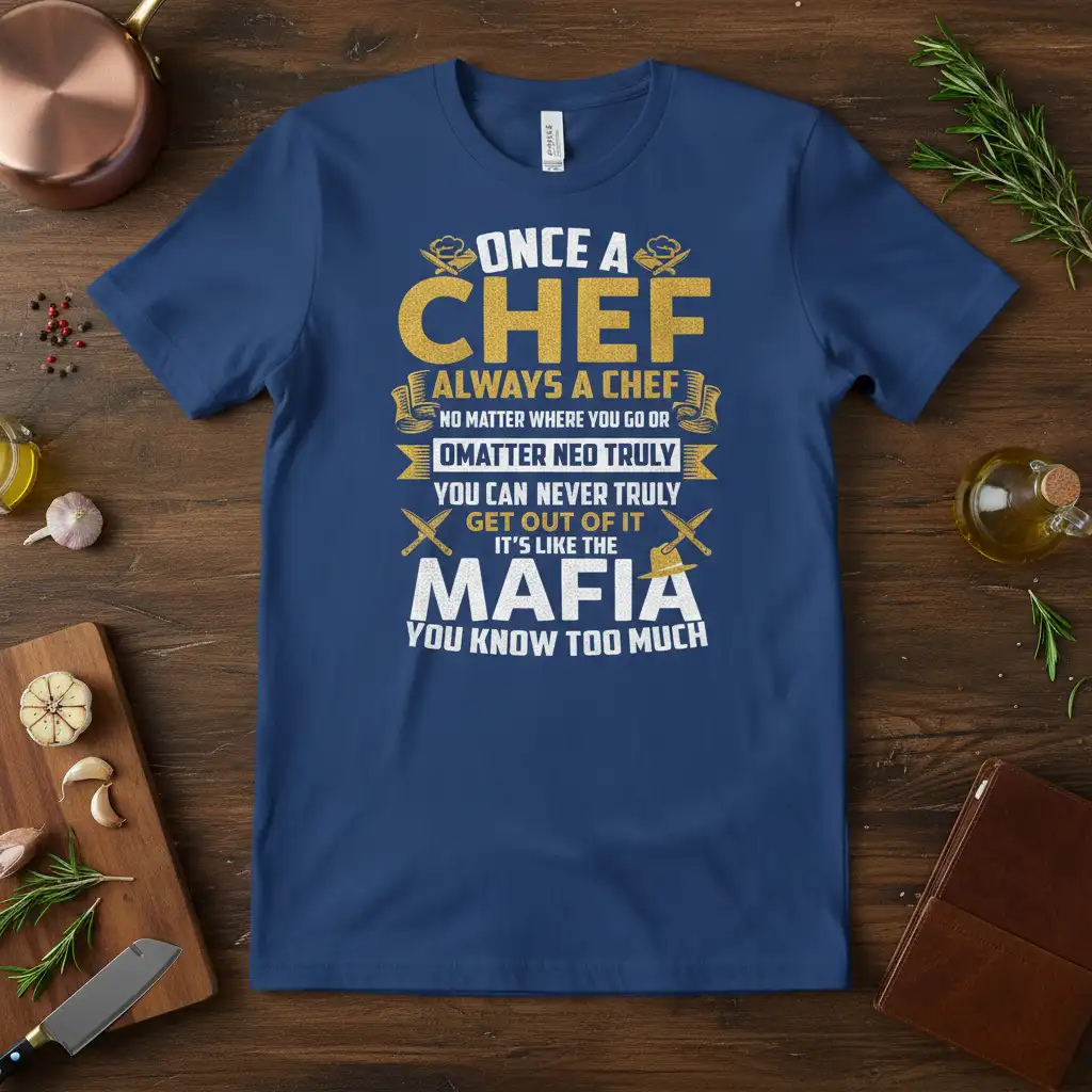 Once A Chef Always A Chef Mafia quote design with chef hats and crossed knives graphics on a navy blue t-shirt