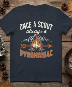 Once a Scout Always a Pyromaniac t-shirt with campfire graphic and mountains