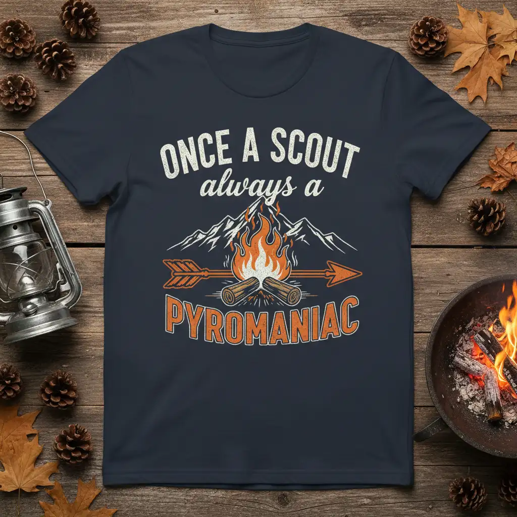Once a Scout Always a Pyromaniac quote t-shirt with mountain and campfire design