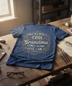 Once In A While A Cool Grandma Comes Along Here I Am quote on a navy blue t-shirt with gold