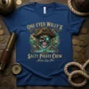 One-Eyed Willy's Salty Pirate Crew Never Say Die t-shirt design with pirate skull, eyepatch, and crossed swords