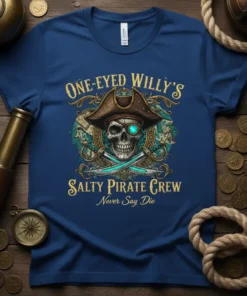 One-Eyed Willy's Salty Pirate Crew Never Say Die t-shirt design with pirate skull, eyepatch, and crossed swords
