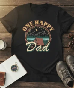 Black t-shirt with "One Happy Dad" text and a circular camping graphic featuring a tent, mountains, and starry night sky