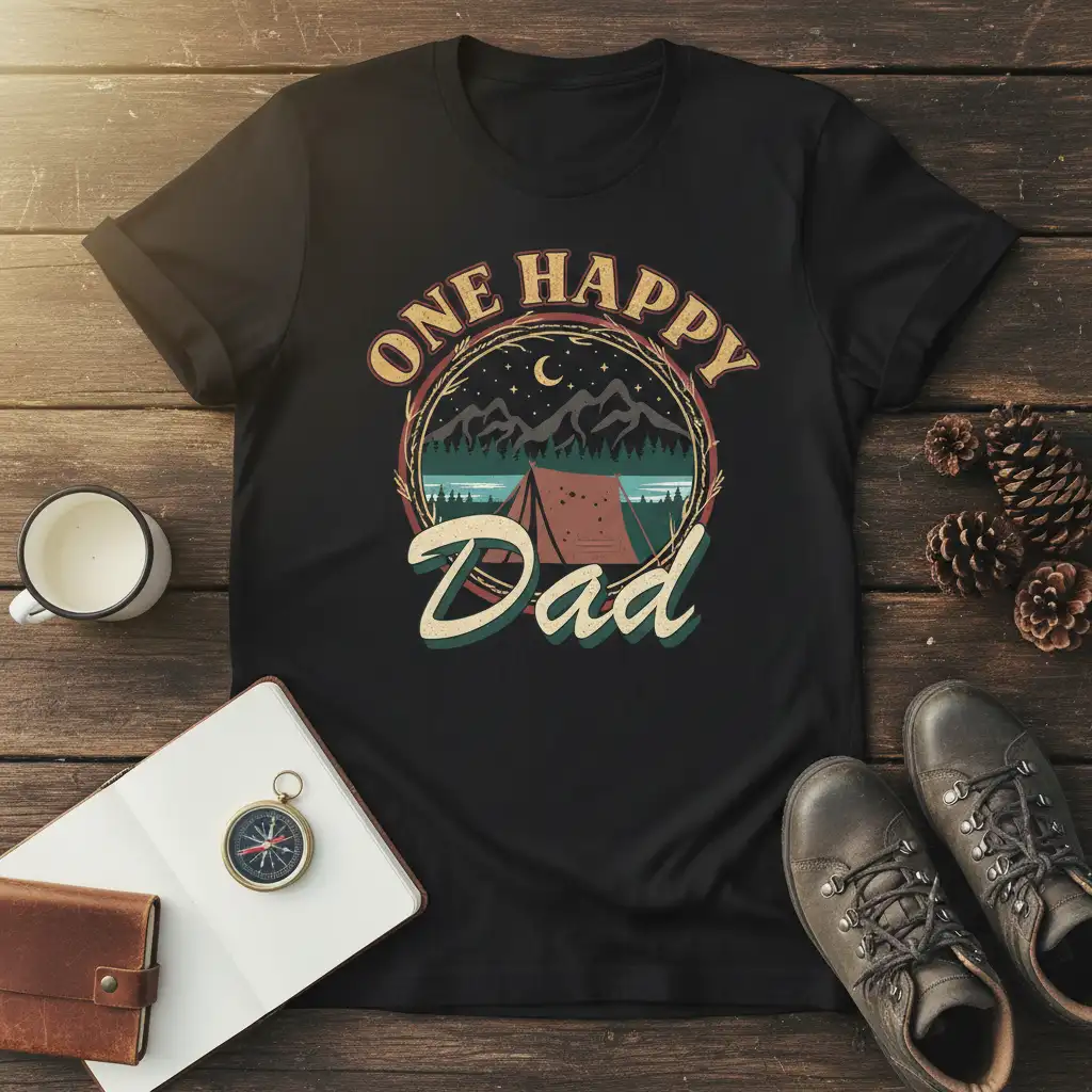 One Happy Dad camping graphic t-shirt featuring a tent, mountains, and starry night sky design
