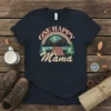 One Happy Mama camping t-shirt design featuring a tent, mountains, rainbow, and moon