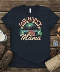 One Happy Mama camping t-shirt design featuring a tent, mountains, rainbow, and moon